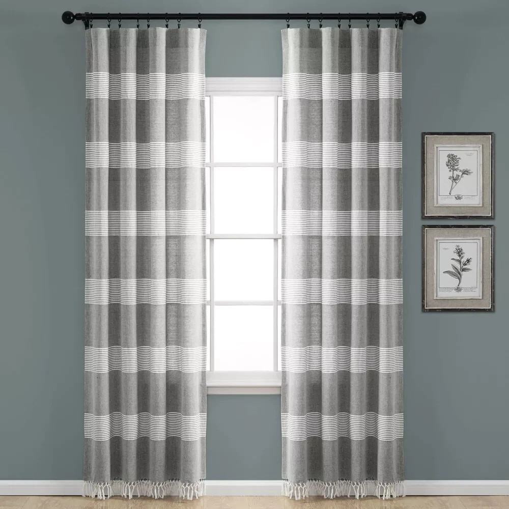 2Tucker Stripe Yarn Dyed Cotton‎ Knotted Tassel Window Curtain Panels Gray 40X95